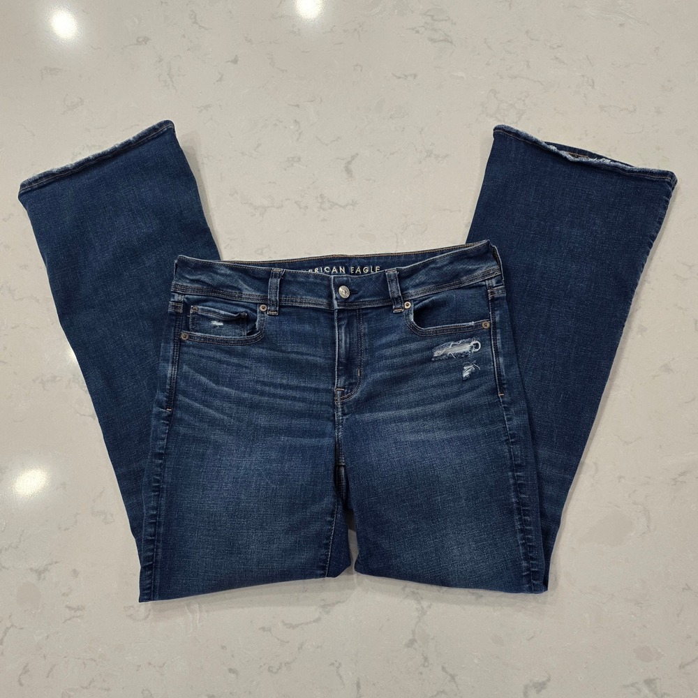American Eagle Kick Boot Jeans Dark Wash Distressed Raw Hem Size 10 Regular